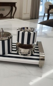 Ensemble de brûleur à encens en bois de santal noir et blanc à rayures de luxe avec plateau Porte-bakhoor pour cadeaux du Ramadan Décoration de maison du Moyen-Orient - Product Image 5