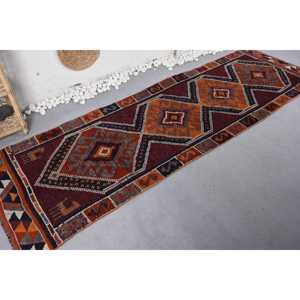 Tapis Ethnique en Laine Rouge Orange Patchwork Style Traditionnel, Motif Abstrait en Latex, Salle à Manger, Ensembles de Tapis Écologiques, 3x9.8ft - Product Image 2
