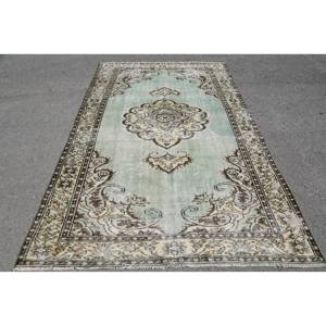 Alfombra turca Vintage de 5,6x9,1 pies, verde, Beige, tejido plano, patrón de retazos de lana para decoración para sala de estar, uso de pasillo, respaldo de látex - Product Image 1