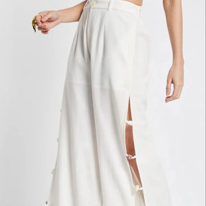 Vêtements pour femmes, pantalon évasé en coton d'été, respirant, coupe décontractée, taille élastique, taille mi-haute, style décontracté, uni, teinture unie - Product Image 1