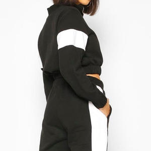 OEM Fashionable 100% Cotton Sweat Suits 2-Piece <b>Crop</b> <b>Top</b> Black& <b>White</b> Hoodie Tracksuit - Product Image 3