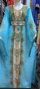 Kaftan traditionnel musulman Dubai Farasha élégant gris rose bleu avec perles et broderies marocaines faites à la main, grande taille, longueur cheville - Product Image 3