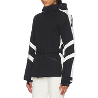 Chaqueta de Esquí Personalizada para Mujer, Invierno, Negra y Blanca, Cierre Frontal con Cremallera, Cinturón en la Cintura, Capucha Ajustable, Puños Ajustables, Resistente al Viento, Transpirable, Ecológica, ODM