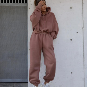 Conjunto de chándal de mujer de algodón 100% personalizado Sudadera con capucha de dos piezas de gran tamaño y chándal de invierno estampado de joggers acampanados - Product Image 1