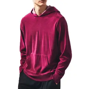 Hot Selling OEM Custom Maroon Color Pullover Heavyweight Thick Mens Velvet Velour Hoodie Fleece French Terry Boys Hooded