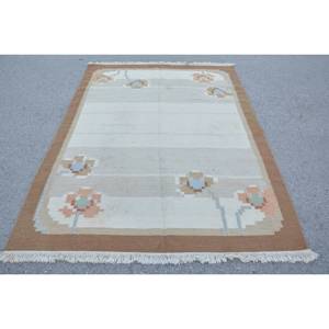 Classic Traditional Brown Beige Wool Rug 5.5 X 8.7 ft Handmade Vintage Turkish Patchwork Design for Bedroom Hallway Latex - Product Image 1