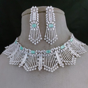 Elegant High Quality <b>Silver</b> Finish Zircon Look <b>Necklace</b> <b>Set</b> With Earrings Wedding And Party Wear Collection For Women - Product Image 1