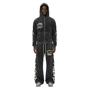Custom Streetwear Washed Distressed Patch Rivet Zipper Hoodie & <b>Sweatpants</b> <b>Set</b> | Heavyweight Cotton Tracksuit - Product Image 1