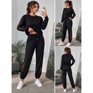 Women'<b>s</b> Long-Sleeve Crew Neck Mesh Tulle Detail Viscose Two-Thread <b>Blouse</b> <b>and</b> Pants Two-Piece Set, 37520 - Black - Product Image 1