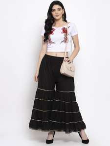 Pantalon Palazzo indien fait à la main en rayonne noire Pantalon Palazzo surpiqué pour femme - Product Image 2