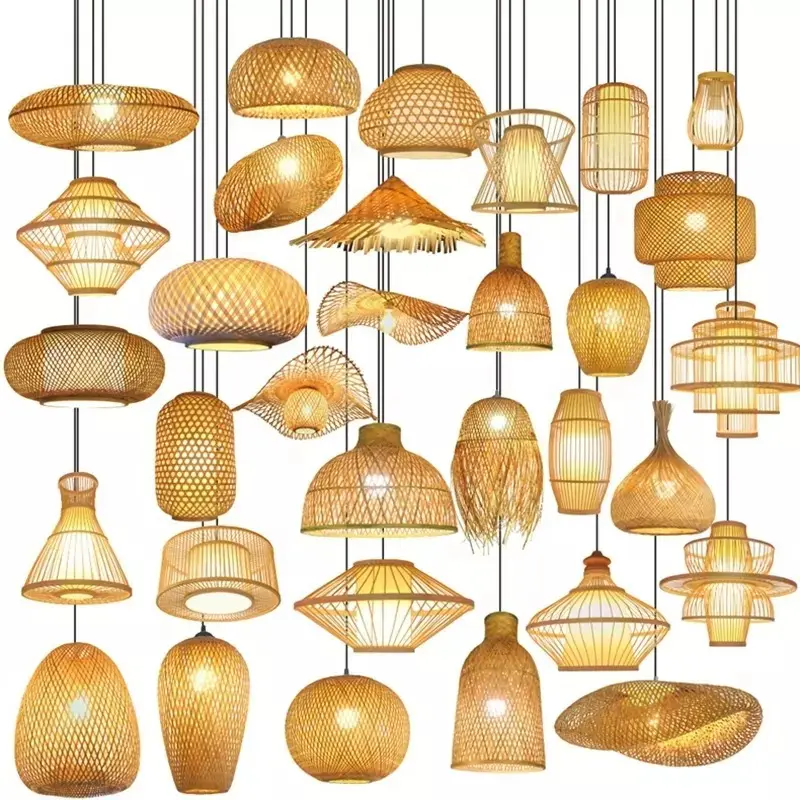 Lampu gantung rotan dalam ruangan gaya Modern lampu gantung bambu anyam gantung bambu naungan lampu gantung rumah pertanian Asia