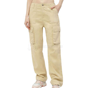 Pantalones Cargo informales de cintura media para mujer, ropa de invierno transpirable de secado rápido de Algodón 100% con logotipo personalizado teñido liso frontal plano - Product Image 1
