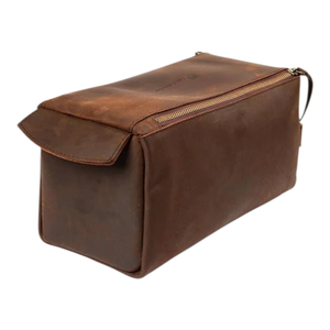 Sac à cosmétiques vintage en cuir véritable marron avec fermeture éclair, grande capacité, pratique, durable, poignée souple - Product Image 1