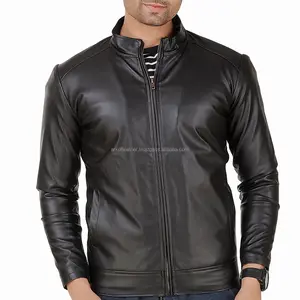 En çok satan erkek deriler ceket siyah renk tam Zip Up standı yaka keçi cilt deri ceket ile özel marka