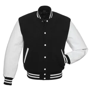 Chaqueta personalizada de lana y cuero genuino para hombre, chaqueta de béisbol de gran tamaño, bordada en chenille, color blanco y negro