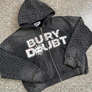 Personnalisé de Haute Qualité Soleil Délavé Lourd 400gsm Vintage 100% coton Fermeture Éclair Boxy Fit Zip up Strass Hoodie pour Hommes - Product Image 2