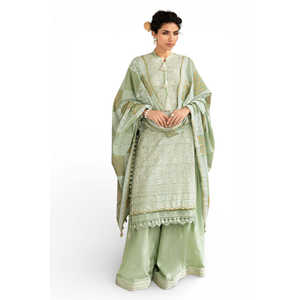 Traje de 3 Piezas para Mujer con Bordado de Zari y Lentejuelas, con Dupatta Estampada en Oro y Laca DN-52038 - Product Image 3