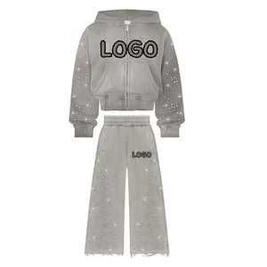 Custom Two Piece Sweatsuit Track <b>Set</b> Winter Distressing <b>Embroidery</b> Tracksuit Zip up Hoodie And Jacket <b>Sets</b> Men Manufacturer - Product Image 5