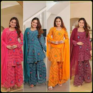 Mujeres étnicas Bandhani bordado Regular puro algodón Kurta con Sharara y con Dupatta indio Pakistán Salwar kameez traje - Product Image 3