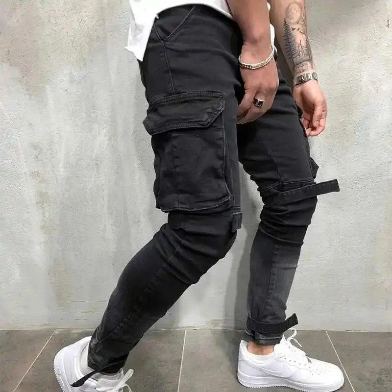 Custom Made Designed Mens Polyester Cotton Elastic Denim Jogging Pants Fashion Mens Pants Skinny Multi-Pocket Jeans