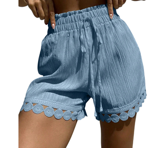 Shorts Casuales de Cintura Alta para Mujer, con Textura, Cordón Elástico, Shorts de Playa de Verano, con Ribete de Encaje Festoneado, Ajuste Holgado, Estilo Algodón - Product Image 3