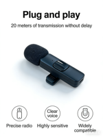 Microphone sans fil à condensateur DAM K9-L pour iPhone, réduction de bruit, conception omnidirectionnelle, réponse en fréquence 20Hz-20kHz, en plastique