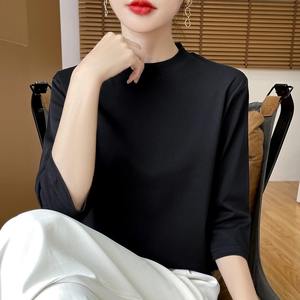 Été Automne Nouveau T-shirt en coton à manches courtes T-shirt à col semi-haut pour femmes Chemise à manches amples avec haut à l'intérieur - Product Image 6