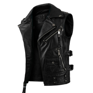Chaleco de cuero de vaca genuino para motociclista asimétrico clásico de alta calidad para hombre, cuello de solapa, sin mangas, ropa exterior de invierno - Product Image 2