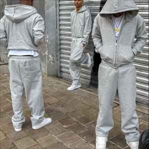 Ensemble de survêtement unisexe de qualité supérieure, taille plus, gris uni, été, à capuche, deux pièces, décontracté, coupe régulière, jogging, délavage acide - Product Image 1