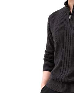 <b>Men</b> Quarter Zip Knit Sweater Solid Black Textured Cable Pattern Warm Winter Casual Pullover OEM Custom High Quality For <b>Men</b> - Product Image 4