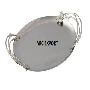 Forma grande redonda de color blanco con bandeja de servicio de decoración de 2 manijas fuertes de metal dorado - Product Image 4