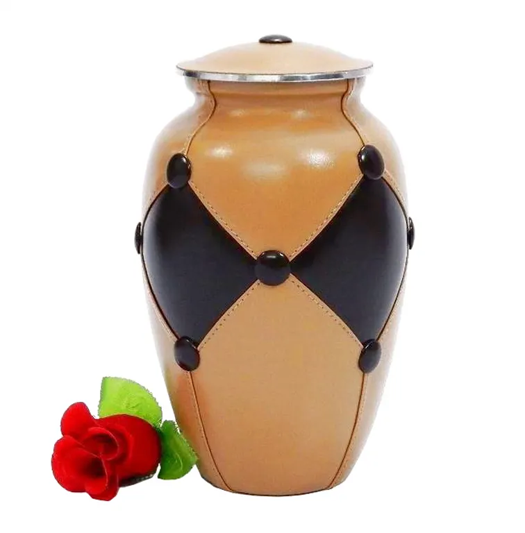 Exquisite Decorative Brown & Black Leather Coated Cremation Urn for Human Ashes Hand Carved Classic Metal Funeral Burial Urns