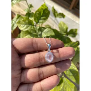 925 <b>Silver</b> Rose Quartz <b>Necklace</b> Water Drop Geometric Pattern Bezel Setting Rhodium Stylish White Gold Rose Gold Platinum - Product Image 2