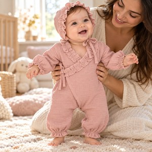 ชุดรอมเปอร์เด็กทารก 2 ชิ้นแบบผูกโบว์ด้านหน้า ยี่ห้อ Fida Muslin Ruffle Wrap-Front - Product Image 3