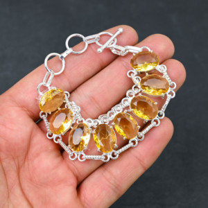 สร้อยข้อมือสีเหลืองซิทรีนจากแล็บสุดหรูพร้อมวงรี5อันขนาด10X14มม. เครื่องประดับหินสเตอร์ลิงสุดหรูสำหรับทุกเพศ - Product Image 2