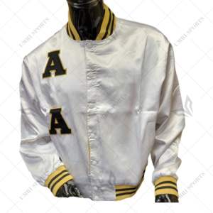 แจ็คเก็ตวาร์ซิตี้ผ้าซาตินแบบกำหนดเอง Alph@ รุ่น Winter ปิดด้วยกระดุม ปักตัวอักษรกรีก แขนเสื้อและชายเสื้อแบบริบตัดกัน ด้านหน้าแบบกลับด้านได้ - Product Image 2