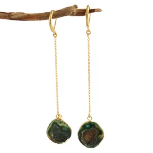 Unique Natural Green Geode Druzy Hanging Clip On Earrings Gold Electroplated Link Chain Long Fashion Earrings Jewelry For Woman