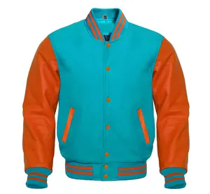 Blouson bombardier personnalisé Varsity Letterman en laine et manches en cuir orange - Product Image 1