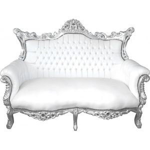 โซฟาหนัง PU สไตล์บาร็อคสีขาวหรูหราพร้อมโครงไม้มะฮอกกานีแกะสลักสีเงิน2-Seater โซฟาห้องนั่งเล่น - Product Image 1