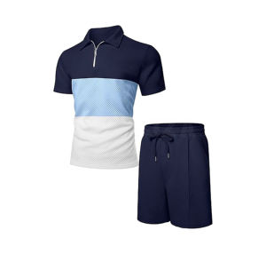 Chándal de verano para hombre, conjuntos de pantalones cortos de 2 piezas, chándal de manga corta, trajes 1/4 Zip Golf Polo empalme camisas a rayas - Product Image 1
