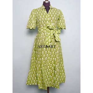 Vestido Midi de Algodón Indio con Estampado a Mano, Cuello en V, para Mujer, Ideal para Fiestas, Mangas Cortas, Corte en A, para Vacaciones de Verano en la Playa - Product Image 3