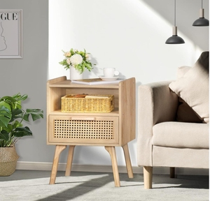 <span class=keywords><strong>Tavolino</strong></span> All'Ingrosso in Stile Bohémien con Cassetto e Ripiano Aperto, <span class=keywords><strong>Comodino</strong></span> con Dettagli in Canna d'India e Gambe in Legno Massello per Arredamento Camera da Letto - Product Image 4