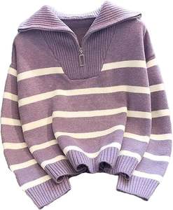 Jersey de media cremallera Vintage de invierno y otoño para mujer, suéter de punto a rayas informal, suéteres elegantes holgados cortos delanteros elegantes - Product Image 1