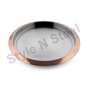 Martelé Cuivre Acier Inoxydable Usine Fabrication Miroir Polissage Restauration Métal Rond Dîner Assiette Plat Bar Plateau Avec Jante - Product Image 2