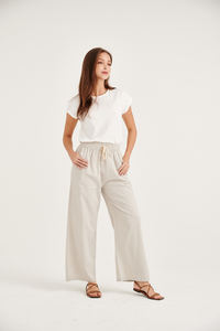 กางเกงยาวเต็มตัวสำหรับผู้หญิงใส่ในฤดูร้อนผ้าคอตตอนลินินระบายอากาศได้ดีสีพื้นเรียบใส่สบายขายส่งโลโก้สำหรับทุกเพศ - Product Image 3