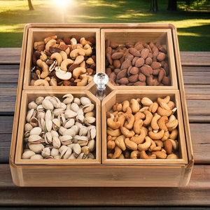 Premium 4-Compartment Beech Wood <b>Snack</b> <b>Box</b> with Lid & Handles - Decorative Wooden Nuts & Sweets Serving Tray - Product Image 3