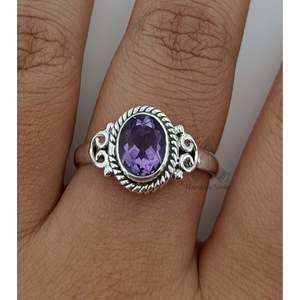 Handmade Dainty Amethyst Oval Sterling Silver <b>Ring</b> with Inlay Boho <b>Statement</b> Gift for Her on Birthday Anniversary Christmas - Product Image 3