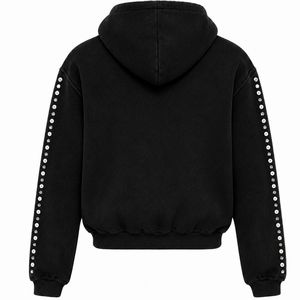Unisex Black Washed Rhinestone Hooded Zip-Up Sweatshirt, Stylish Casual Y2K Cropped Hoodie <b>Jacket</b> with <b>Sparkling</b> Stud Details - Product Image 2