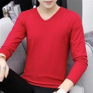 เสื้อเรียบโอเวอร์ไซส์สำหรับผู้ชายเสื้อเจอร์ซีย์คอวีแขนยาว2025เสื้อยืดลำลองสีพื้น - Product Image 4