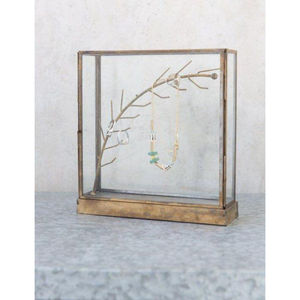 Vintage Style Brass Finish <b>Glass</b> Jewelry <b>Box</b> With Internal Tree Stand <b>For</b> Necklaces And Earrings Display Jewelry Organizer - Product Image 1